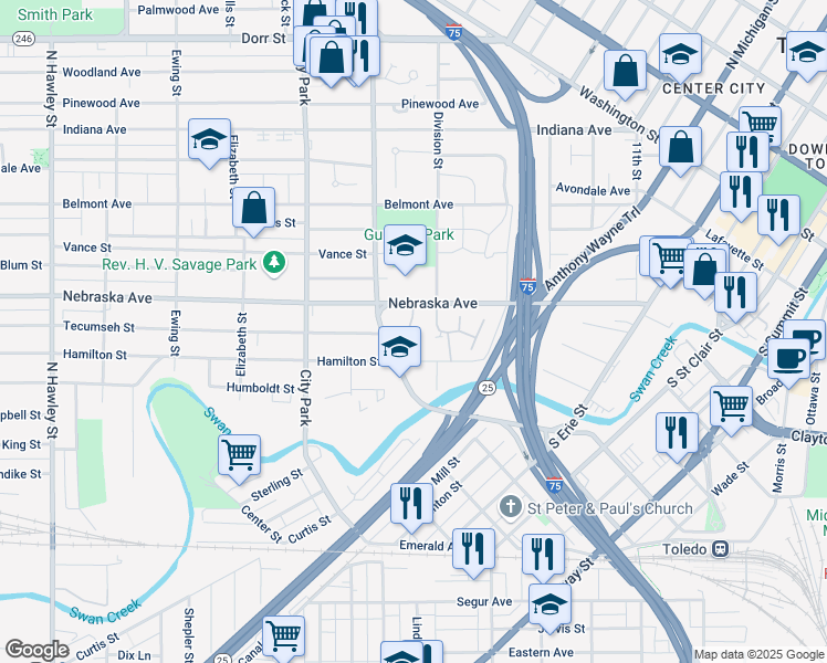 map of restaurants, bars, coffee shops, grocery stores, and more near 456 Martin Lane in Toledo