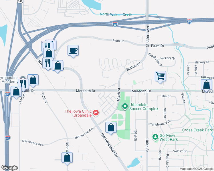 map of restaurants, bars, coffee shops, grocery stores, and more near 10601 Oakwood Dr in Urbandale