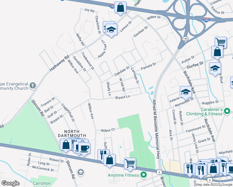 map of restaurants, bars, coffee shops, grocery stores, and more near 82 Bayberry Road in New Bedford