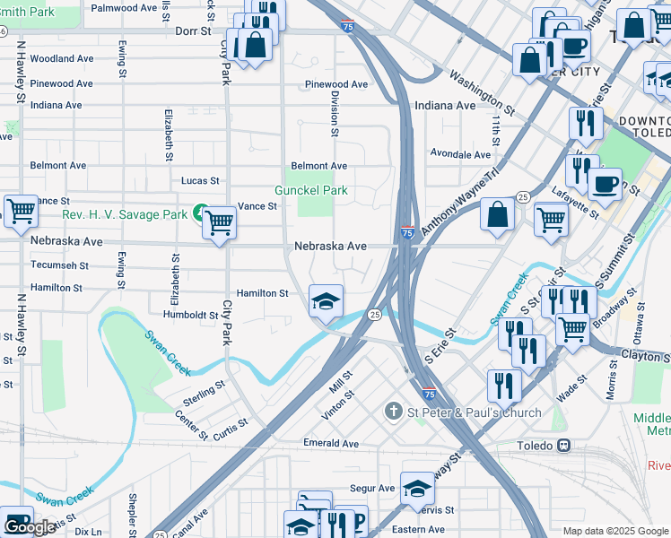 map of restaurants, bars, coffee shops, grocery stores, and more near 456-458 Martin Ln in Toledo