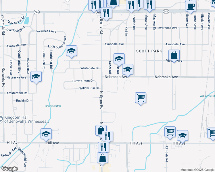 map of restaurants, bars, coffee shops, grocery stores, and more near 3425 Nebraska Avenue in Toledo