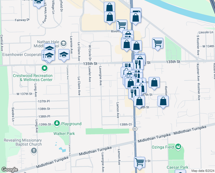 map of restaurants, bars, coffee shops, grocery stores, and more near 13619 Lavergne Avenue in Crestwood