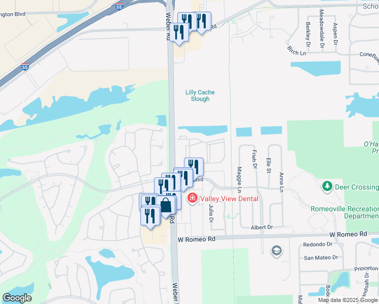 map of restaurants, bars, coffee shops, grocery stores, and more near 562 Fair Meadow Lane in Romeoville