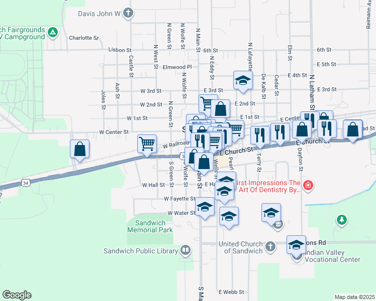 map of restaurants, bars, coffee shops, grocery stores, and more near 109 South Wolfe Street in Sandwich