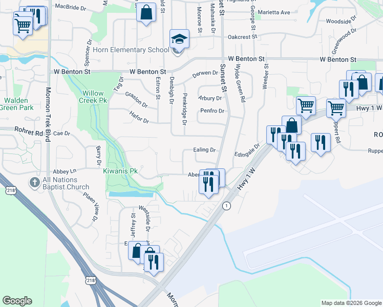 map of restaurants, bars, coffee shops, grocery stores, and more near 29 Ealing Drive in Iowa City