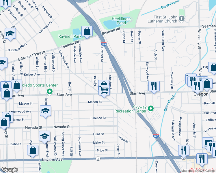 map of restaurants, bars, coffee shops, grocery stores, and more near 352 Sheldon Street in Toledo