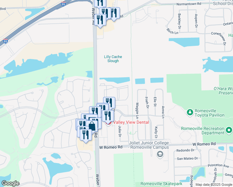 map of restaurants, bars, coffee shops, grocery stores, and more near 554 Easton Lane in Romeoville
