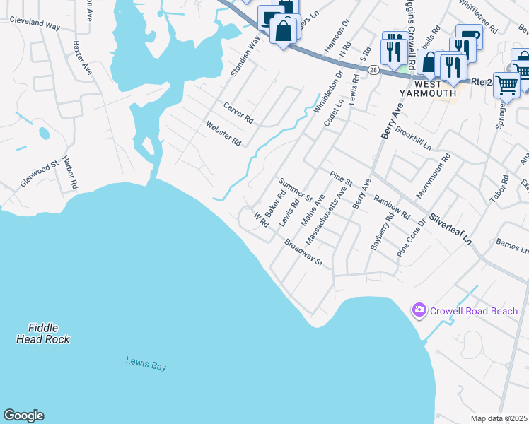 map of restaurants, bars, coffee shops, grocery stores, and more near 109 Baker Road in Yarmouth