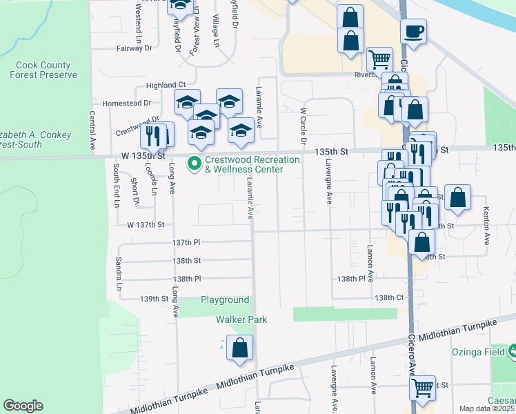 map of restaurants, bars, coffee shops, grocery stores, and more near 13625 Laramie Avenue in Crestwood