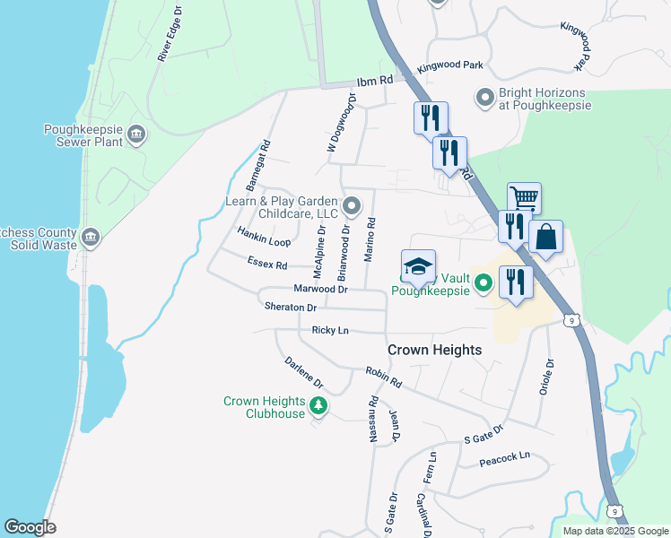 map of restaurants, bars, coffee shops, grocery stores, and more near 35 Briarwood Drive in Poughkeepsie