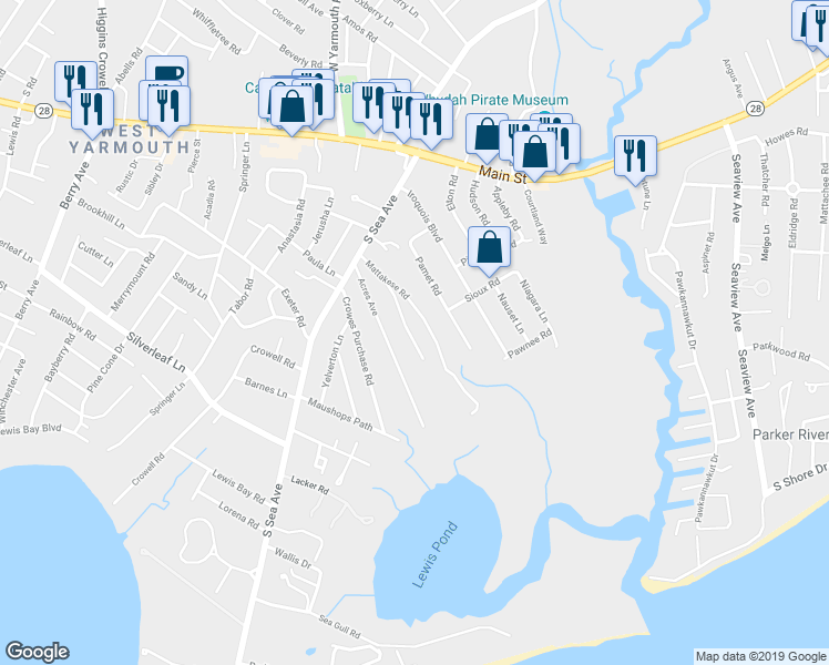 map of restaurants, bars, coffee shops, grocery stores, and more near 50 Nearmeadows Road in Yarmouth
