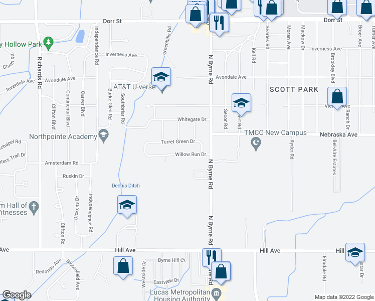 map of restaurants, bars, coffee shops, grocery stores, and more near 3550 Willow Run Dr in Toledo