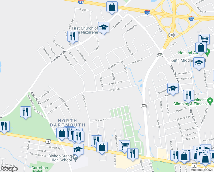 map of restaurants, bars, coffee shops, grocery stores, and more near 82 Bayberry Road in New Bedford