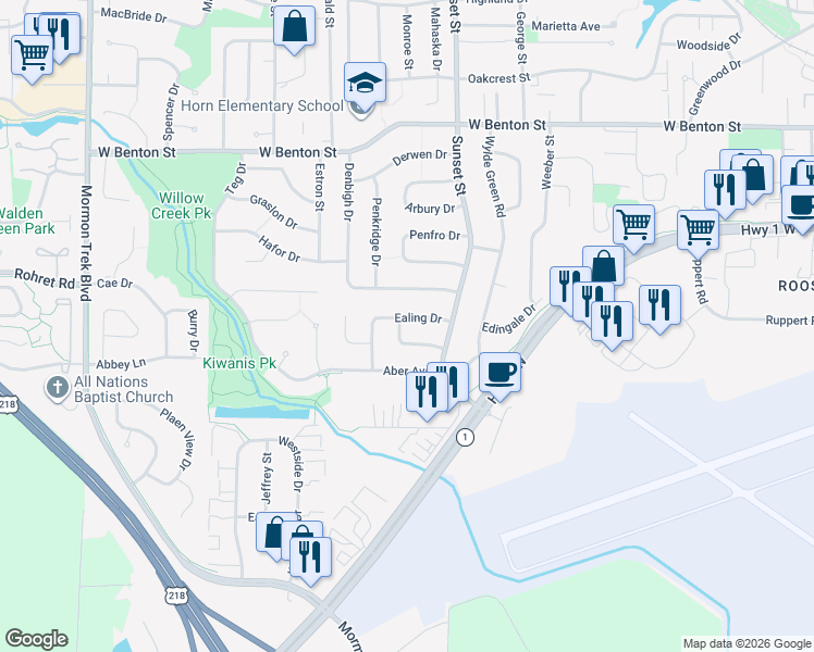 map of restaurants, bars, coffee shops, grocery stores, and more near 29 Ealing Drive in Iowa City