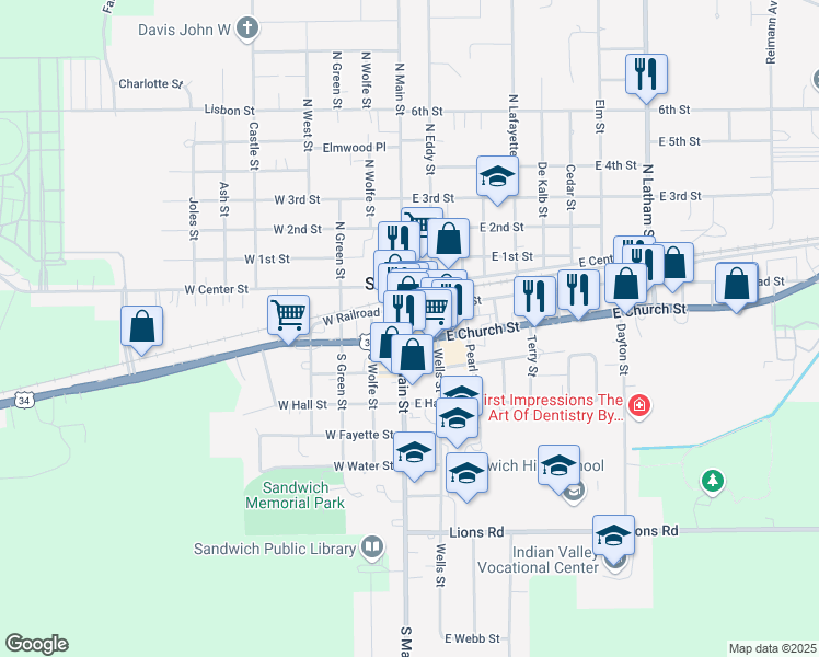 map of restaurants, bars, coffee shops, grocery stores, and more near 128 South Main Street in Sandwich