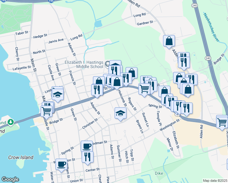 map of restaurants, bars, coffee shops, grocery stores, and more near 87 Huttleston Avenue in Fairhaven