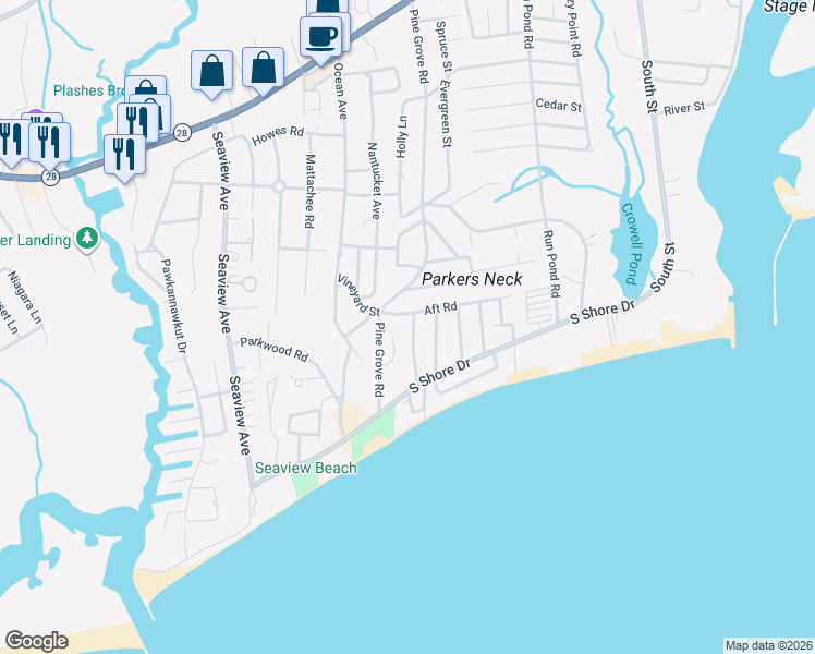 map of restaurants, bars, coffee shops, grocery stores, and more near 29 Lyndale Road in Yarmouth