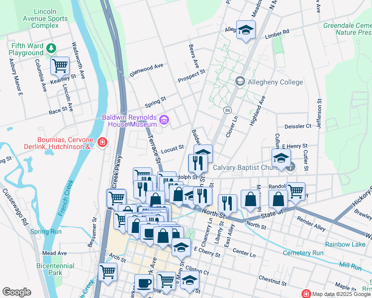 map of restaurants, bars, coffee shops, grocery stores, and more near 683 Park Avenue in Meadville