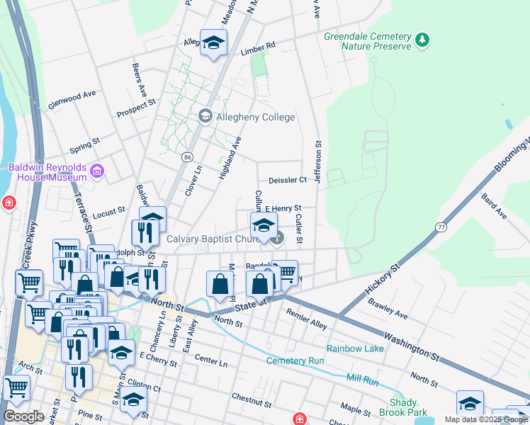 map of restaurants, bars, coffee shops, grocery stores, and more near 637 Cullum Street in Meadville