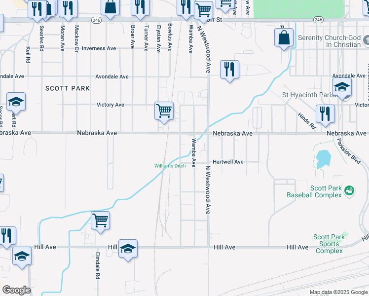 map of restaurants, bars, coffee shops, grocery stores, and more near 502 Burbank Drive in Toledo