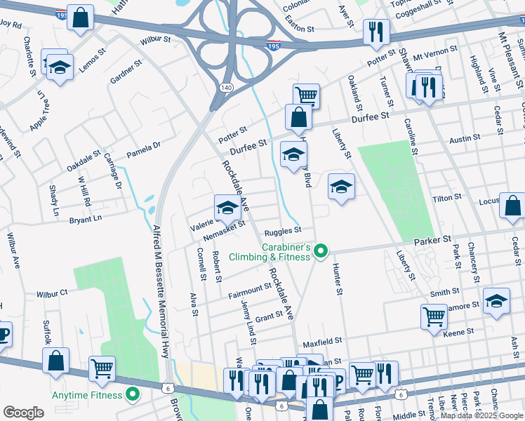 map of restaurants, bars, coffee shops, grocery stores, and more near 164 Macomber Street in New Bedford