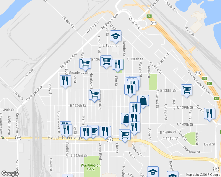 map of restaurants, bars, coffee shops, grocery stores, and more near 3735 Fir St in East Chicago
