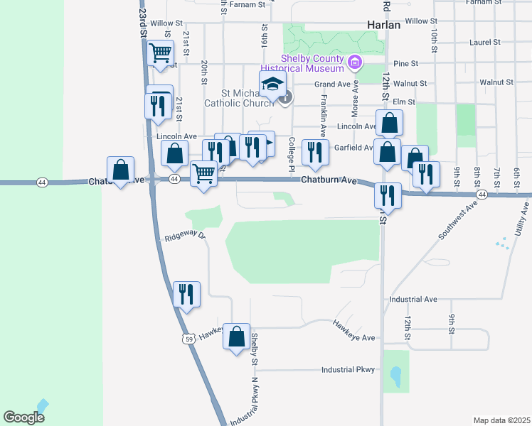 map of restaurants, bars, coffee shops, grocery stores, and more near 1603 Cheyenne Avenue in Harlan