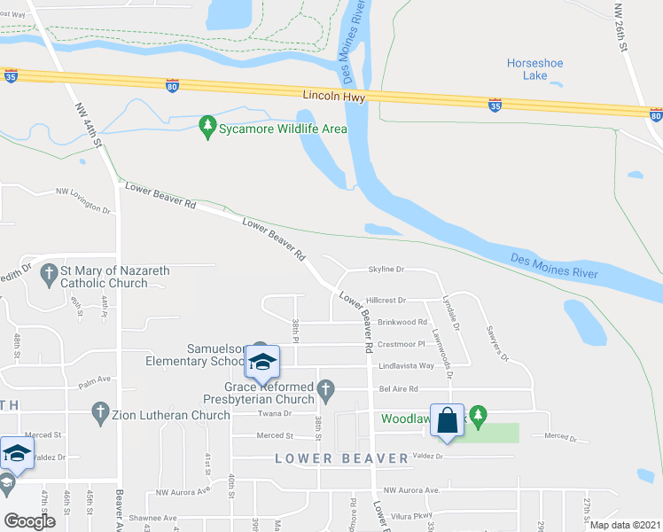 map of restaurants, bars, coffee shops, grocery stores, and more near 3708 Skyline Drive in Des Moines