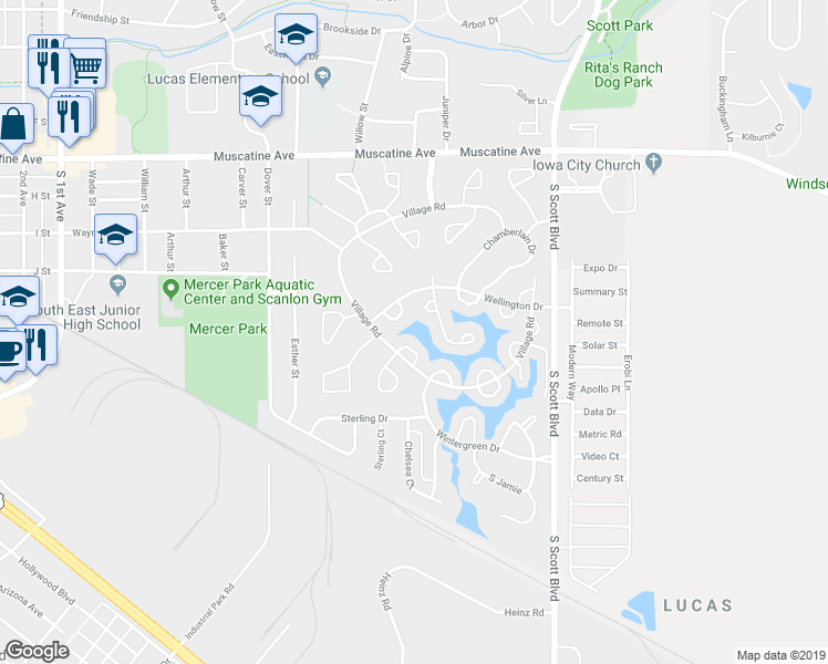 map of restaurants, bars, coffee shops, grocery stores, and more near 1338 Oxford Pl in Iowa City