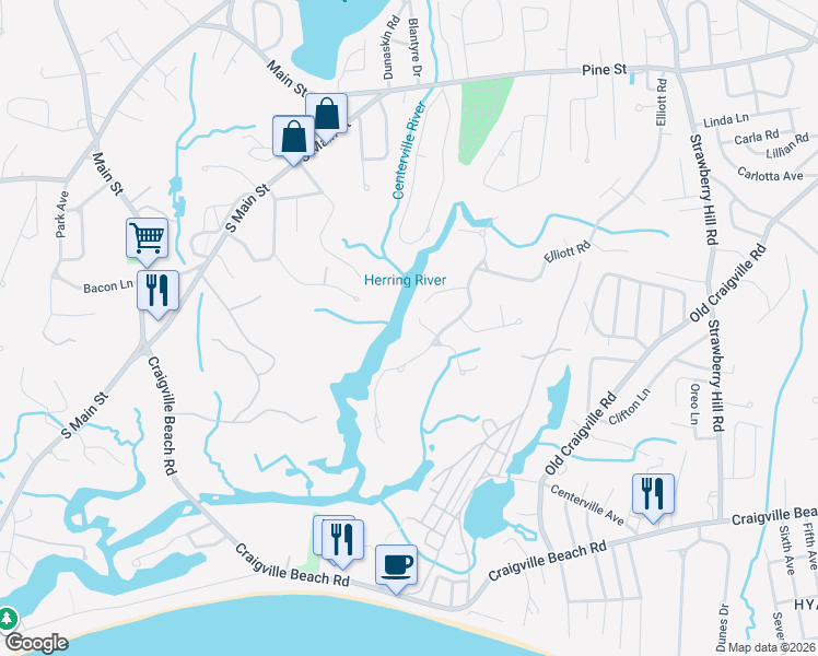 map of restaurants, bars, coffee shops, grocery stores, and more near 443 Elliott Road in Barnstable