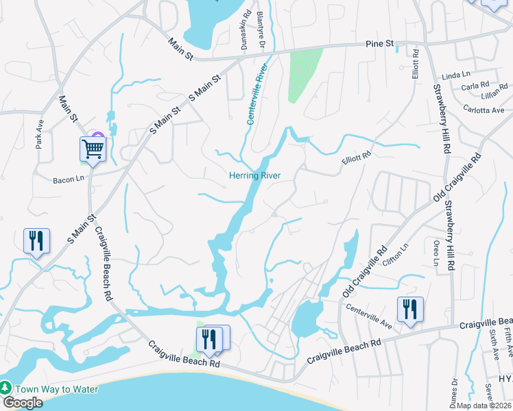 map of restaurants, bars, coffee shops, grocery stores, and more near 443 Elliott Road in Barnstable