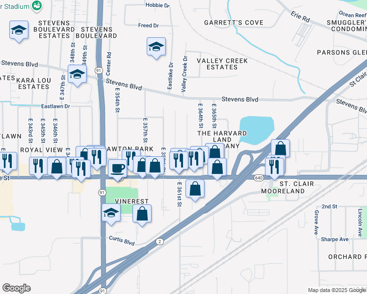map of restaurants, bars, coffee shops, grocery stores, and more near 1282 E 362nd St in Eastlake