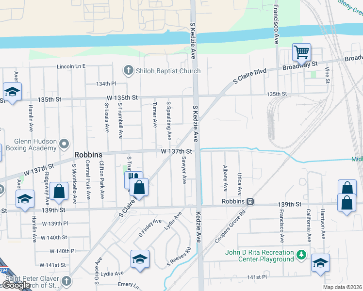 map of restaurants, bars, coffee shops, grocery stores, and more near 13623 Rexford Road in Robbins