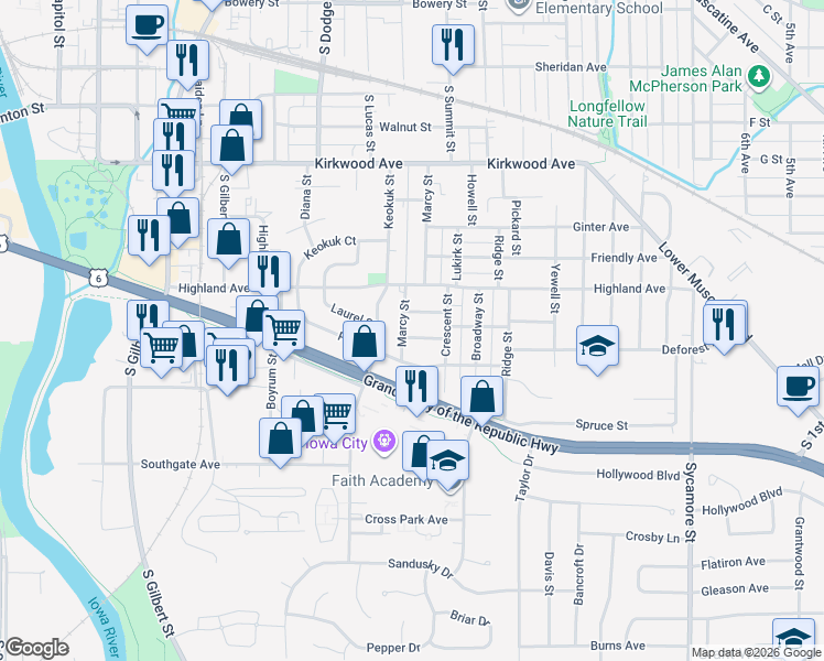 map of restaurants, bars, coffee shops, grocery stores, and more near 914 Deforest Avenue in Iowa City