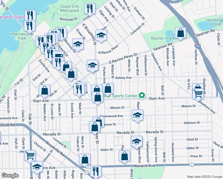 map of restaurants, bars, coffee shops, grocery stores, and more near 334 Willard Street in Toledo