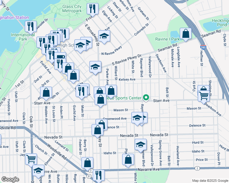 map of restaurants, bars, coffee shops, grocery stores, and more near 334 Willard Street in Toledo