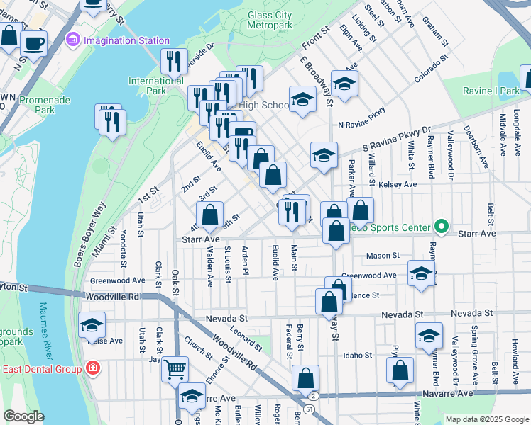 map of restaurants, bars, coffee shops, grocery stores, and more near 505 6th Street in Toledo
