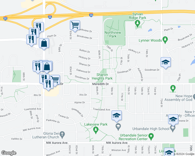 map of restaurants, bars, coffee shops, grocery stores, and more near 4605 80th Place in Urbandale