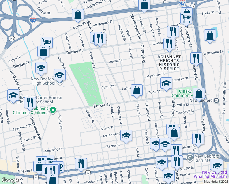 map of restaurants, bars, coffee shops, grocery stores, and more near 446 Chancery Street in New Bedford