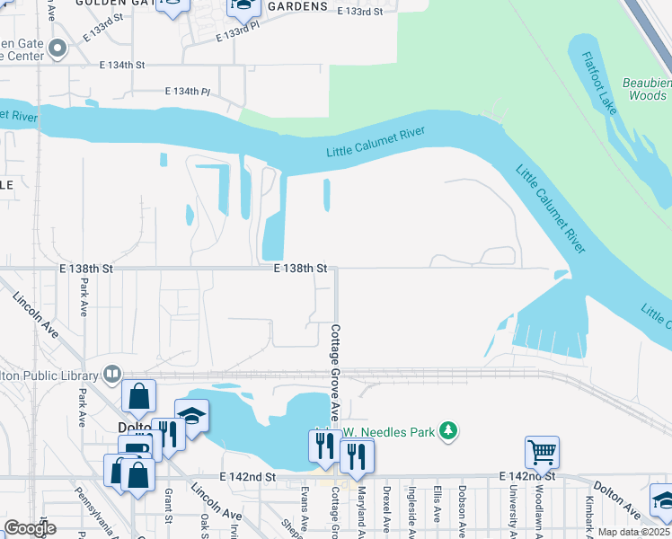 map of restaurants, bars, coffee shops, grocery stores, and more near 8751 Cottage Grove Avenue in Riverdale