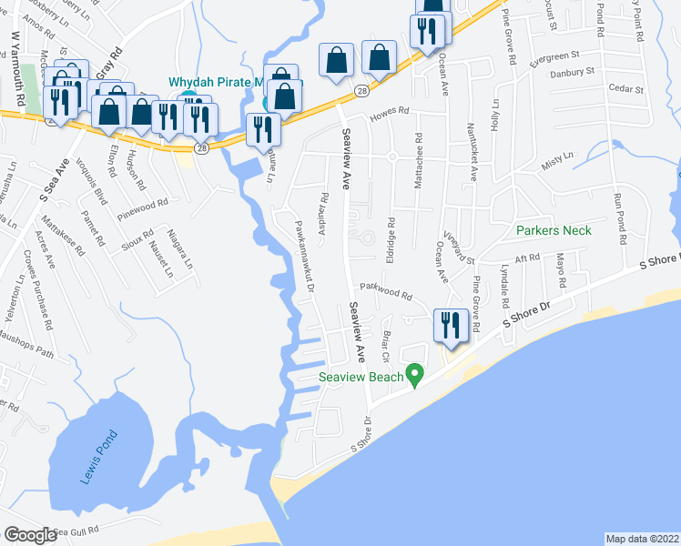 map of restaurants, bars, coffee shops, grocery stores, and more near 109 Seaview Avenue in Yarmouth