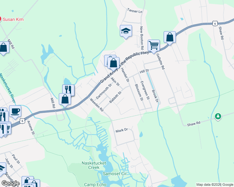 map of restaurants, bars, coffee shops, grocery stores, and more near 28 Babbitt Street in Fairhaven
