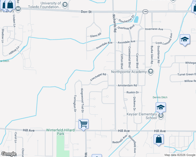 map of restaurants, bars, coffee shops, grocery stores, and more near 4258 Hunters Trail Drive in Toledo