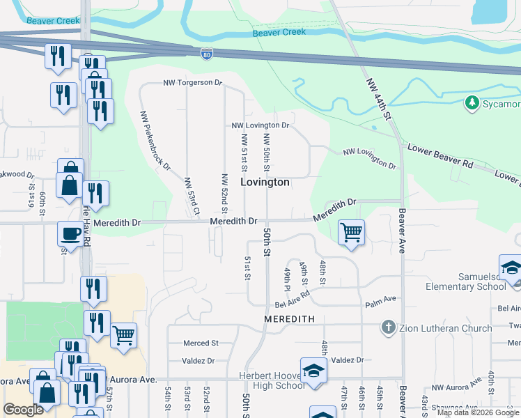 map of restaurants, bars, coffee shops, grocery stores, and more near 4620 Northwest 50th Street in Des Moines