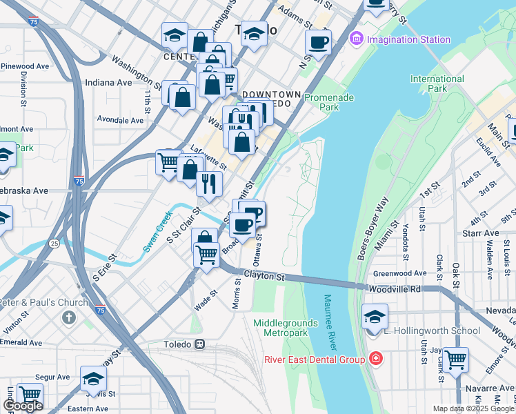 map of restaurants, bars, coffee shops, grocery stores, and more near 110 Ottawa Street in Toledo