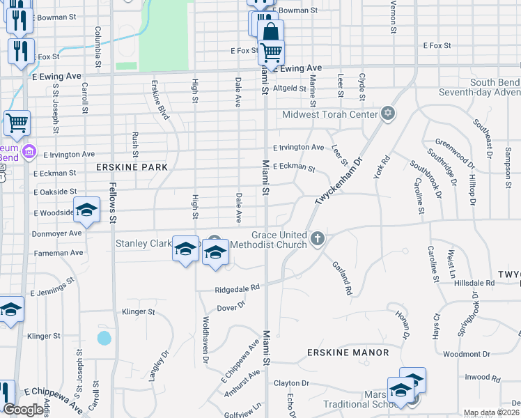 map of restaurants, bars, coffee shops, grocery stores, and more near 2901 Miami Street in South Bend