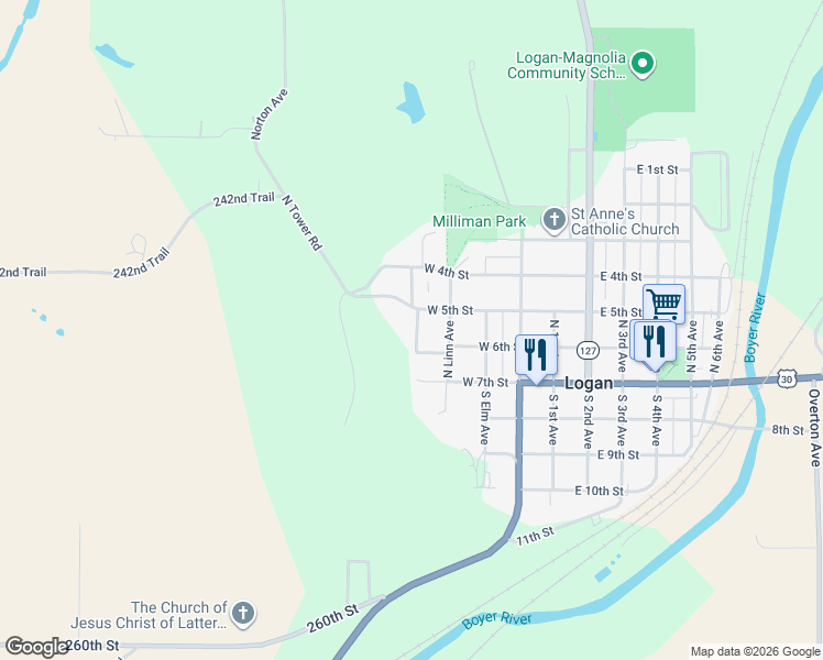 map of restaurants, bars, coffee shops, grocery stores, and more near 205 North Oak Avenue in Logan