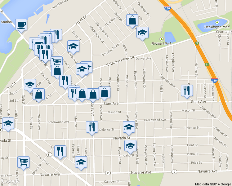 map of restaurants, bars, coffee shops, grocery stores, and more near 342 Plymouth St in Toledo