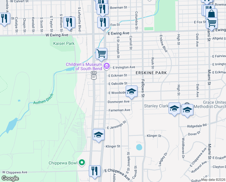 map of restaurants, bars, coffee shops, grocery stores, and more near 119 East Woodside Street in South Bend