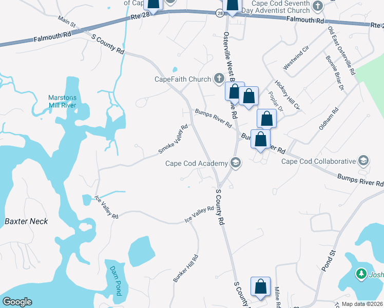 map of restaurants, bars, coffee shops, grocery stores, and more near 24 Farm Valley Road in Barnstable